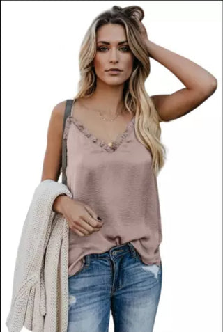 Nude Silk Cami with Lace Collar