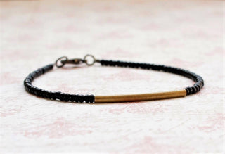 Black Seed Bead And Bronze Bar Bracelet