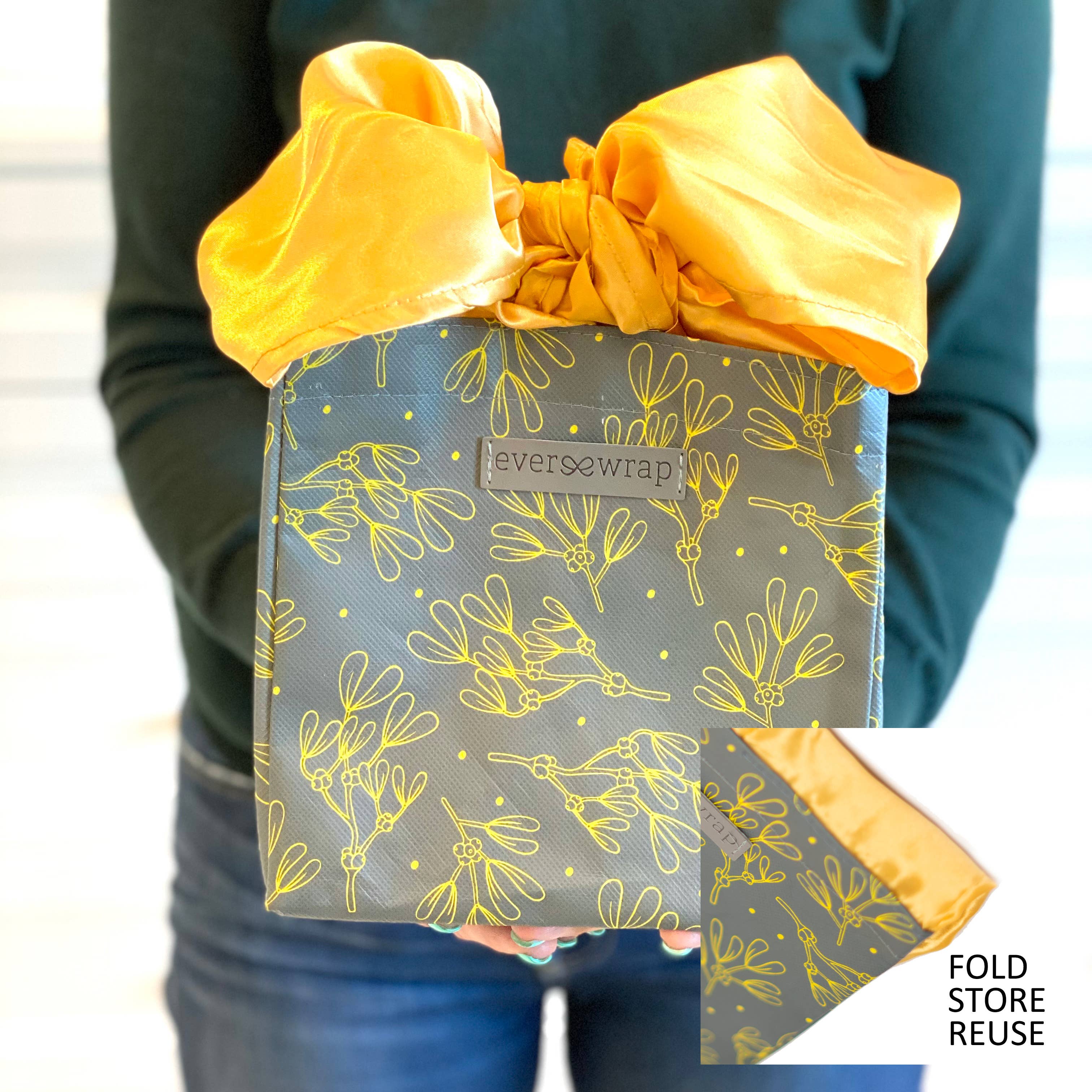 Grey and Gold Floral Print Small Reusable Gift Bag with Gold Satin